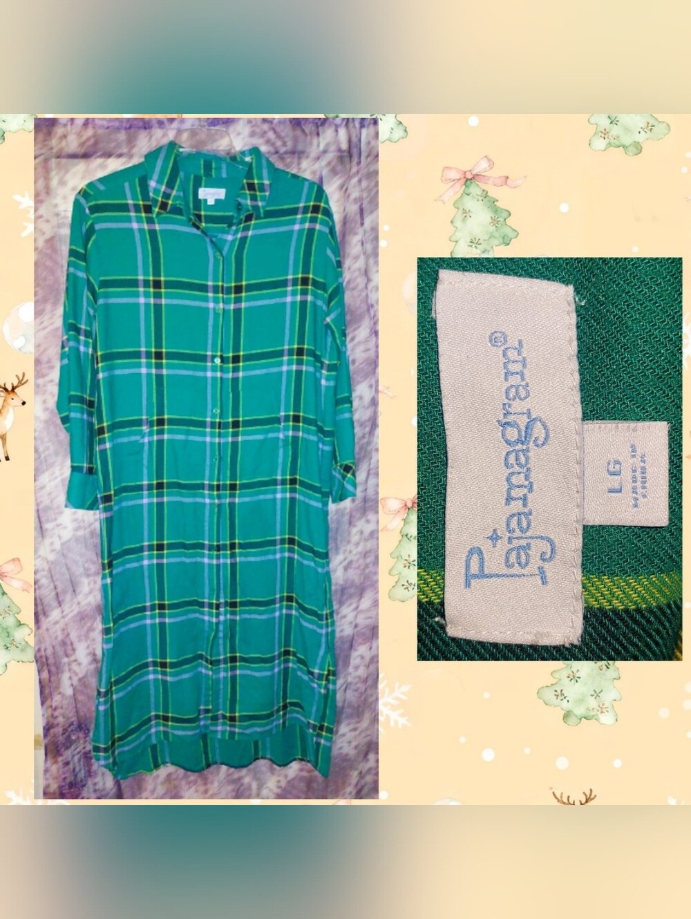 PajamaGram Kelly Grn/Multiclr Plaid Print Long Button Front Woven Nightshirt Lrg